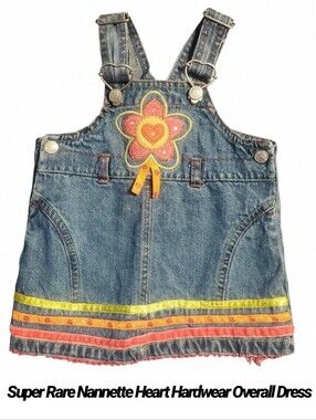 VTG 90s Nannette Denim Overall Pinafore Dress Flower Heart Hardwear 18M 18Months